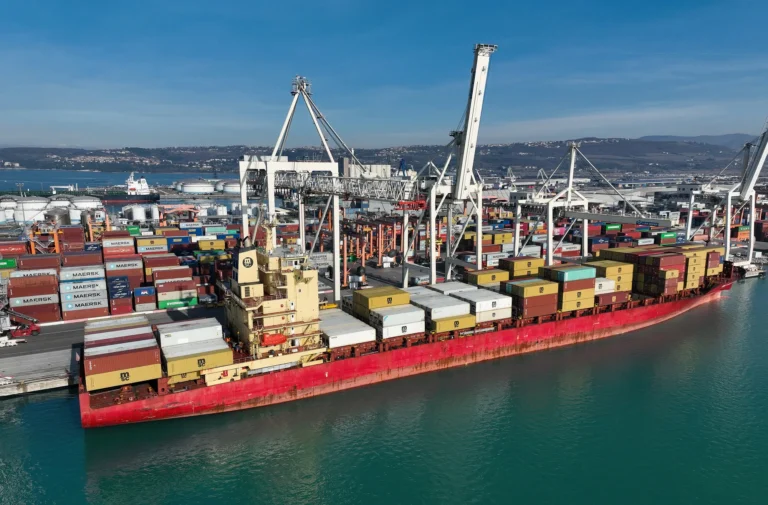 Container ship at a port, representing international sea freight