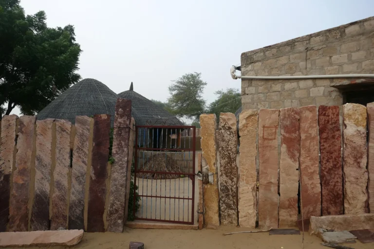 Red sandstone fence slabs in Rajasthan, India