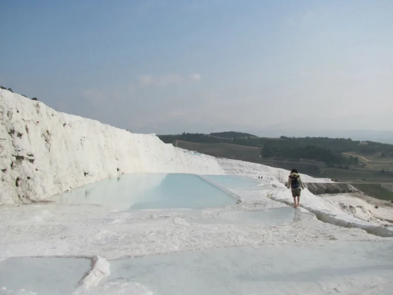 Natural travertine terraces showing layered banding